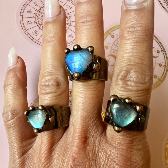 FLASH Labradorite HEART ❤️ Electroplated Ring Adjustable 6 7 8 - Picture 15 of 15